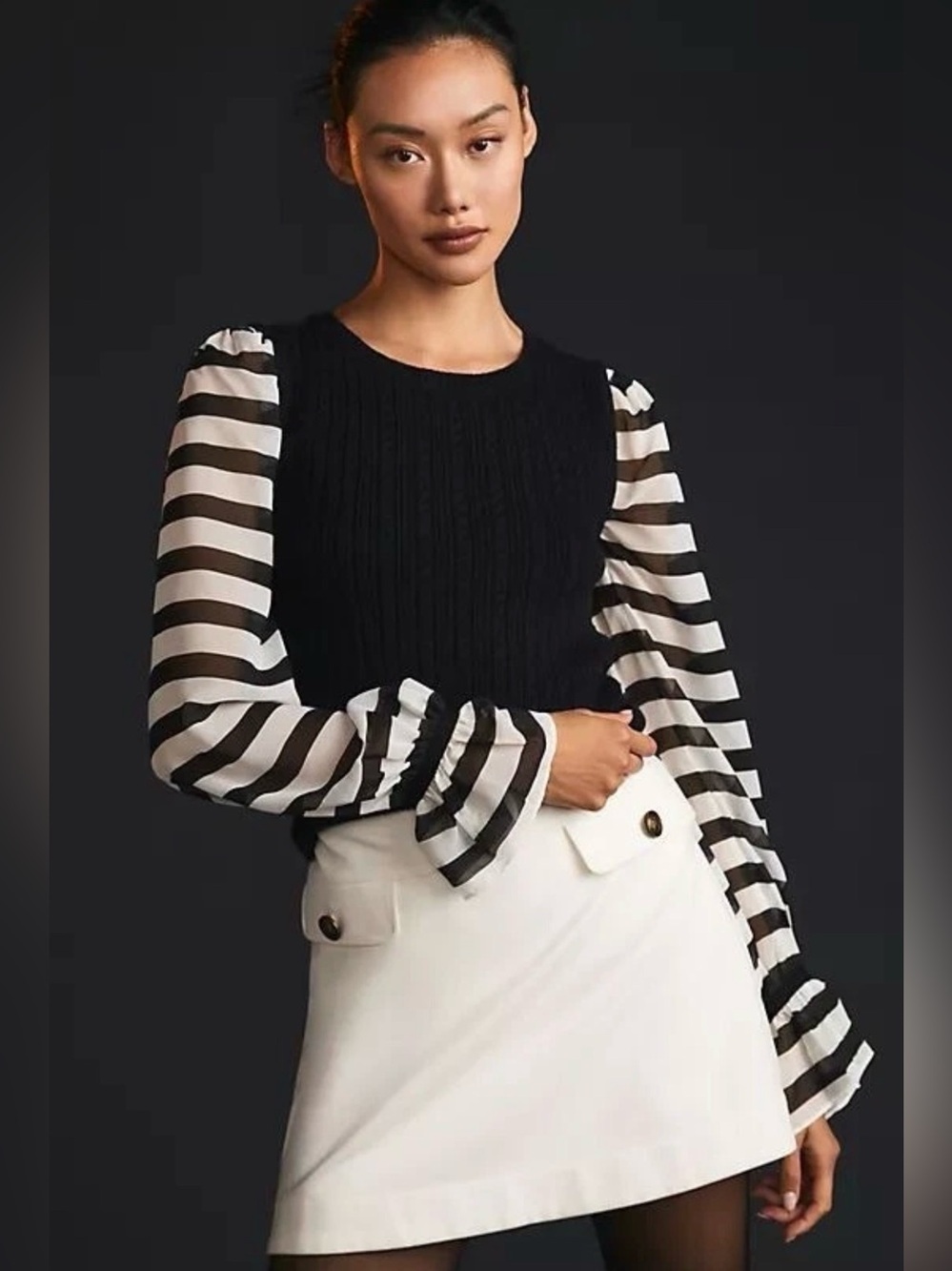 Anthropologie Maeve Cable Knit Sweater Sheer Striped Sleeves Ruffle Cuffs Medium